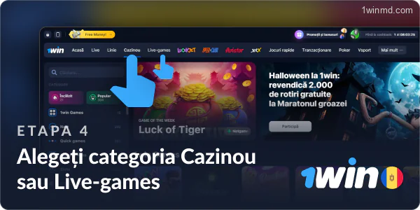 Selectați categoria „Casino” sau „Jocuri live” pe site-ul 1win MD