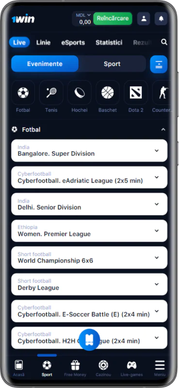 Captură de ecran a paginii de pariuri live din aplicația 1win MD